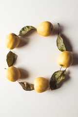 Yellow apples on a white background with old leaves, wholesome food, farming, vegetarian