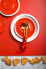 Valentine's Day design concept - Romantic plate dish in restaurant, holiday celebration meal promotion for couple and lover dating, top view, flat lay, overhead