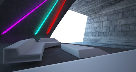 Abstract architectural concrete interior of a minimalist house with colored neon lighting. 3D illustration and rendering.