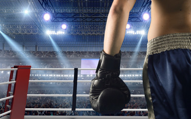 Two boxers are fighting on professional boxing ring.
