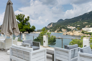 Obraz premium Paleokastritsa bay, view from the terrace, in Corfu island, Greece