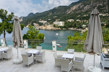 Paleokastritsa bay, view from the terrace, in Corfu island, Greece