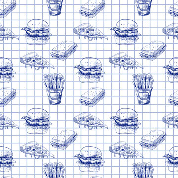 Hand drawn fast food pattern. Burger, pizza, french fries detailed illustrations. Great for school cafe menu or banner. Squared paper.