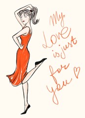 Cartoon girl in red dress. Valentines postcard.