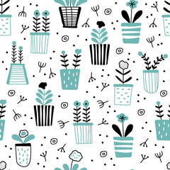 Seamless pattern with cute painted potted plants