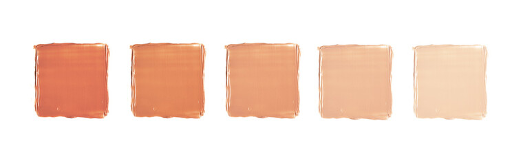Set of different gently beige colors of liquid sample of square shape of makeup creamy foundation isolated on white background. Cosmetic concealer. Cream texture for makeup.