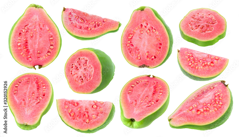 Poster isolated guava pieces. collection of cut green pink fleshed guava fruits of different shapes isolate
