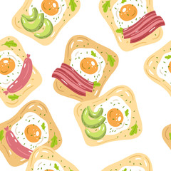 Vector seamless pattern of tasty breakfast toasts. Toasts with fried eggs and avocado slices, sausage, bacon strips. Сartoon style illustration. 