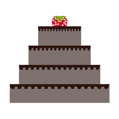 Four-tier chocolate cake with strawberries. Isolated on a white background. Flat vector illustration.