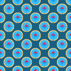 Symmetrical seamless pattern of a marine navigational compass on a dark blue background. Flat vector illustration.