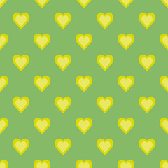 Cute yellow hearts seamless pattern isolated on green background. Flat vector illustration.
