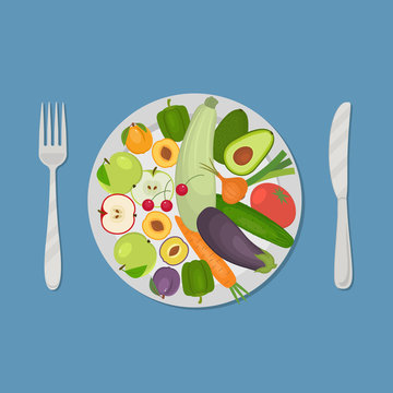Healthy food. Plate with vegetables and fruits on a blue background. There is a carrot, cucumber, tomato, avocado, eggplant, zucchini, apple, cherries and other products in the picture. Vector image
