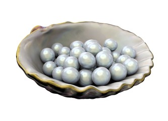 Open shell with white pearls isolated on white background. Beautiful half of clam shell and pearls. Shiny white pearls in mother of peral. 3D Illustration