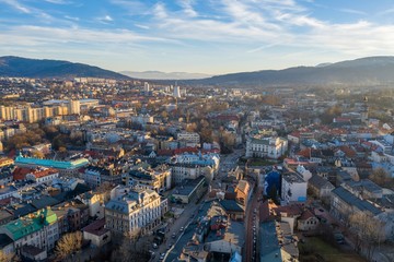 Aerial drone view on Bielsko-Biala. Bielsko-Biala is a city in southern Poland.