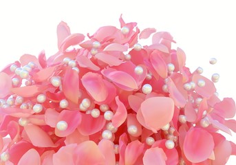 Background texture of beautiful delicate vibrant pink rose petals and white shiny pearls in random pile. Explosion of fresh rose petals and pearls