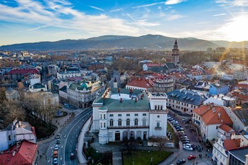 Aerial drone view on Bielsko-Biala. Bielsko-Biala is a city in southern Poland.