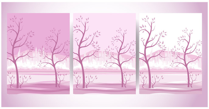 Big city on a background of beautiful trees in delicate shades. Three options for greeting cards, gifts