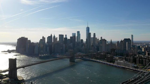 Aerial shot of the Wall street, lower Manhattan above East River in New York, USA
