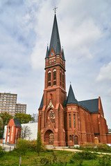 Fototapeta na wymiar Belfry of the neo-Gothic church in Frankfurt (Oder).