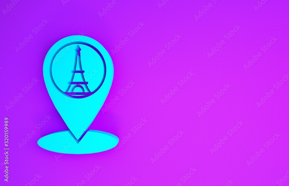 Sticker Blue Map pointer with Eiffel tower icon isolated on purple background. France Paris landmark symbol. Minimalism concept. 3d illustration 3D render