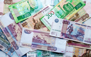 Fototapeta na wymiar Money of Russia. Banknotes. A close-up of Russian rubles of various denominations. Finance concept.