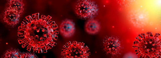 Corona Virus In Red Background - Microbiology And Virology Concept - 3d Rendering - obrazy, fototapety, plakaty