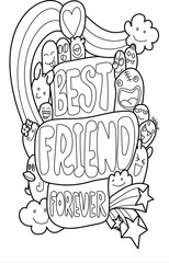 Best Friends Funny Cartoon Doodle Set.Happy Friendship Day. Vector Hand Drawn Color Illustration Pattern.