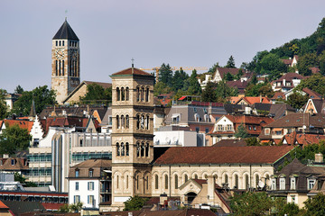 Panoramic view with Liebfrauen Church in Zurich, Switzerland. Seen from Lindenhof hill