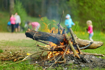 Forest bonfire. Having fun at a camp site with family and friends.