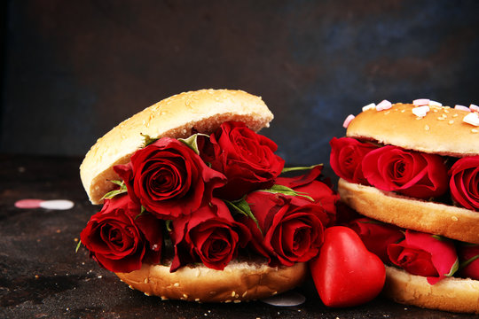 burger for valentines day with roses and red hearts