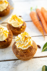 carrot cake cupcake bite size dessert snack homemade baked dessert cream orange peel decoration board composition cafe bistro