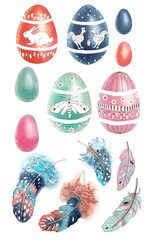 watercolor illustration - Easter eggs with a pattern and feathers
