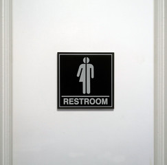 Inclusive restroom sign with a graphic symbol and the word, "restroom"