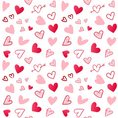 Vector pattern with pink and red hearts on a white background