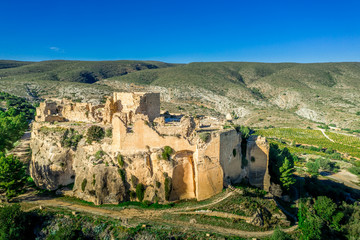 Aerial view of Montesa castle ruin once home to the knights order of Montesa