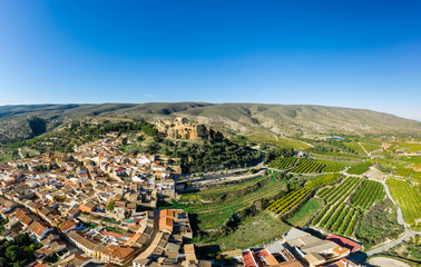 Aerial view of historic Montesa castle, Gothic castle ruin in Valencia province Spain