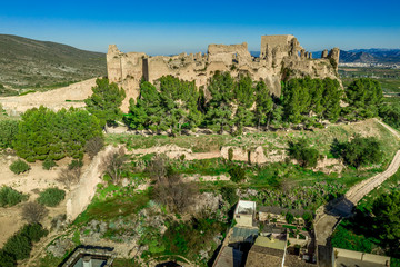 Aerial view of historic Montesa castle, Gothic castle ruin in Valencia province Spain