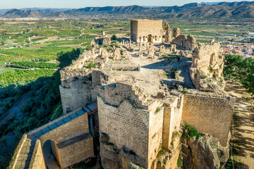 Aerial view of medieval ruined Montesa castle center of the Templar and Montesa order knights with...