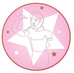 One continuous line drawing of Portrait of proud good-looking business woman. Simple line art drawing of Business woman showing fingers at herself.