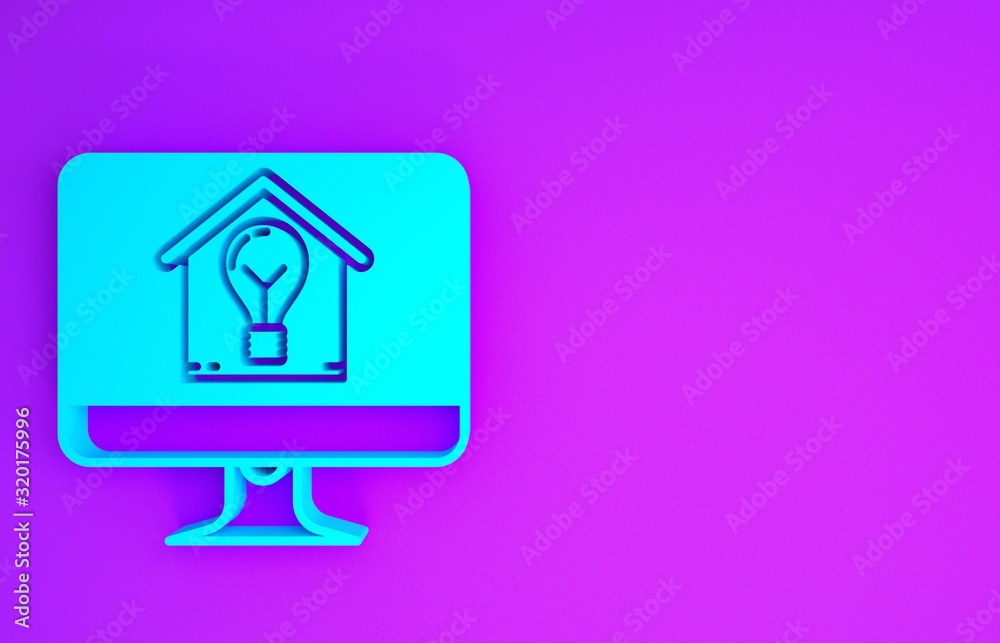 Sticker Blue Computer monitor with smart house and light bulb icon isolated on purple background. Minimalism concept. 3d illustration 3D render