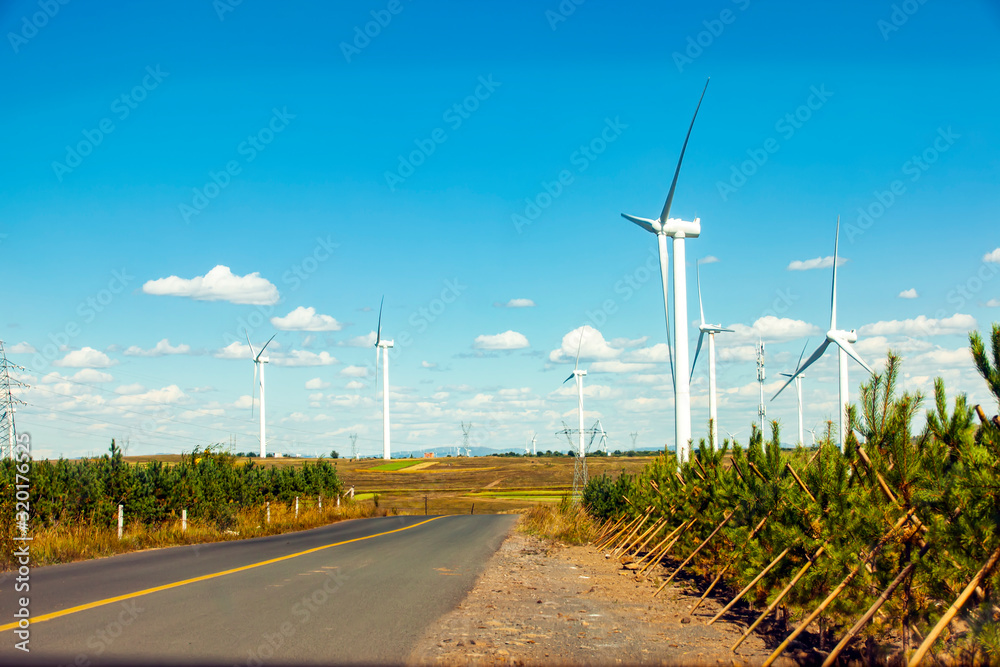 Wall mural asphalt road and wind turbines