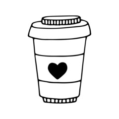 Cute coffee paper cup with a print in the form of a heart and twigs in vector is suitable for social network icons, logos, postcards, prints, design and any design