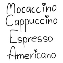 Funny lettering of the names of the types of coffee in the vector is suitable for social network icons, logos, cards, prints, design and any design