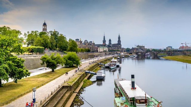 Dresden skyline panorama view from bridge view of old town hyperlpase video in 4k.