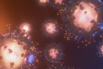 Dispersed corona viruses with dark background, 3d rendering
