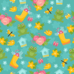 Spring seamless pattern. Bright illustration with flower bouquet, froggy, birds and boots. Background for fabric print, texture and wrapping paper.