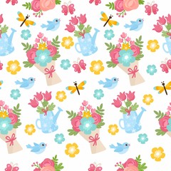 Spring seamless pattern. Bright illustration with flower bouquet, dragonfly and birds. Background for fabric print, texture and wrapping paper.