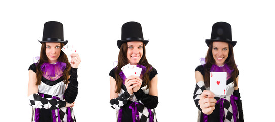 Pretty girl in jester costume isolated on white