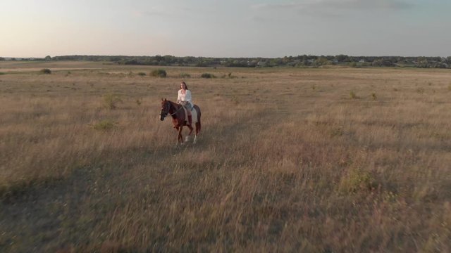 Frontal shot of a woman riding a horse on a field at sunset.