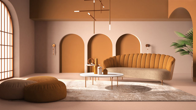 Naklejki Elegant classic living room with archways and arched window and door. Orange sofa with poufs, carpet, pendant lamp, coffee tables, vases, decors. Modern interior design idea